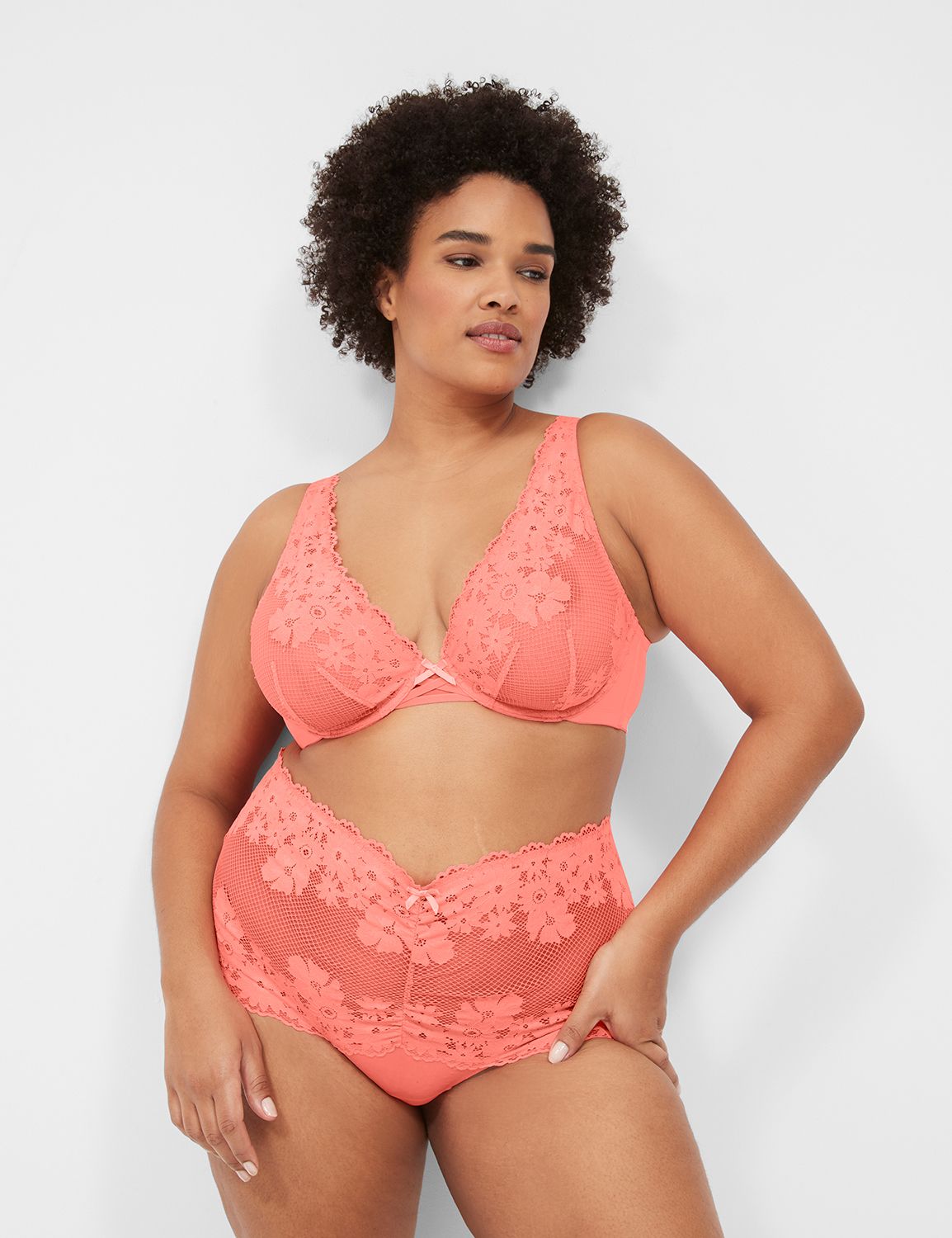 Plus Size Patterned Lace Fishnet Detail Plunge Bra - Orange