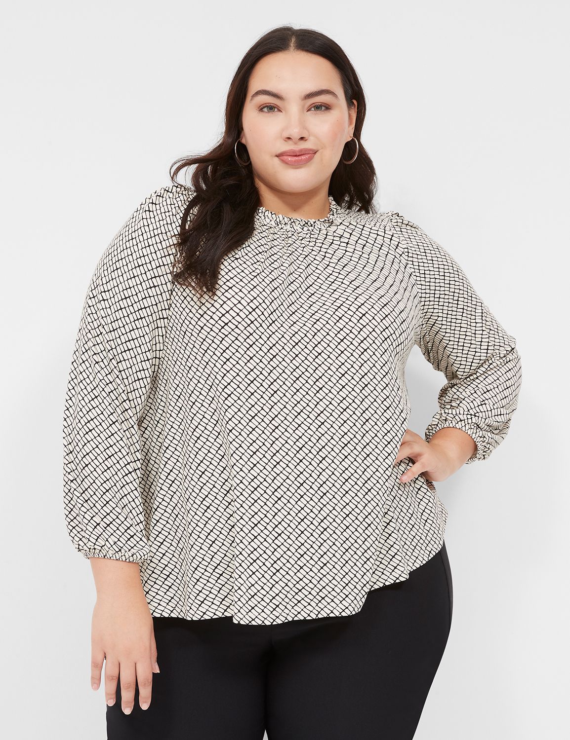 Crushed Smocked Sleeve Tang Crew Neck