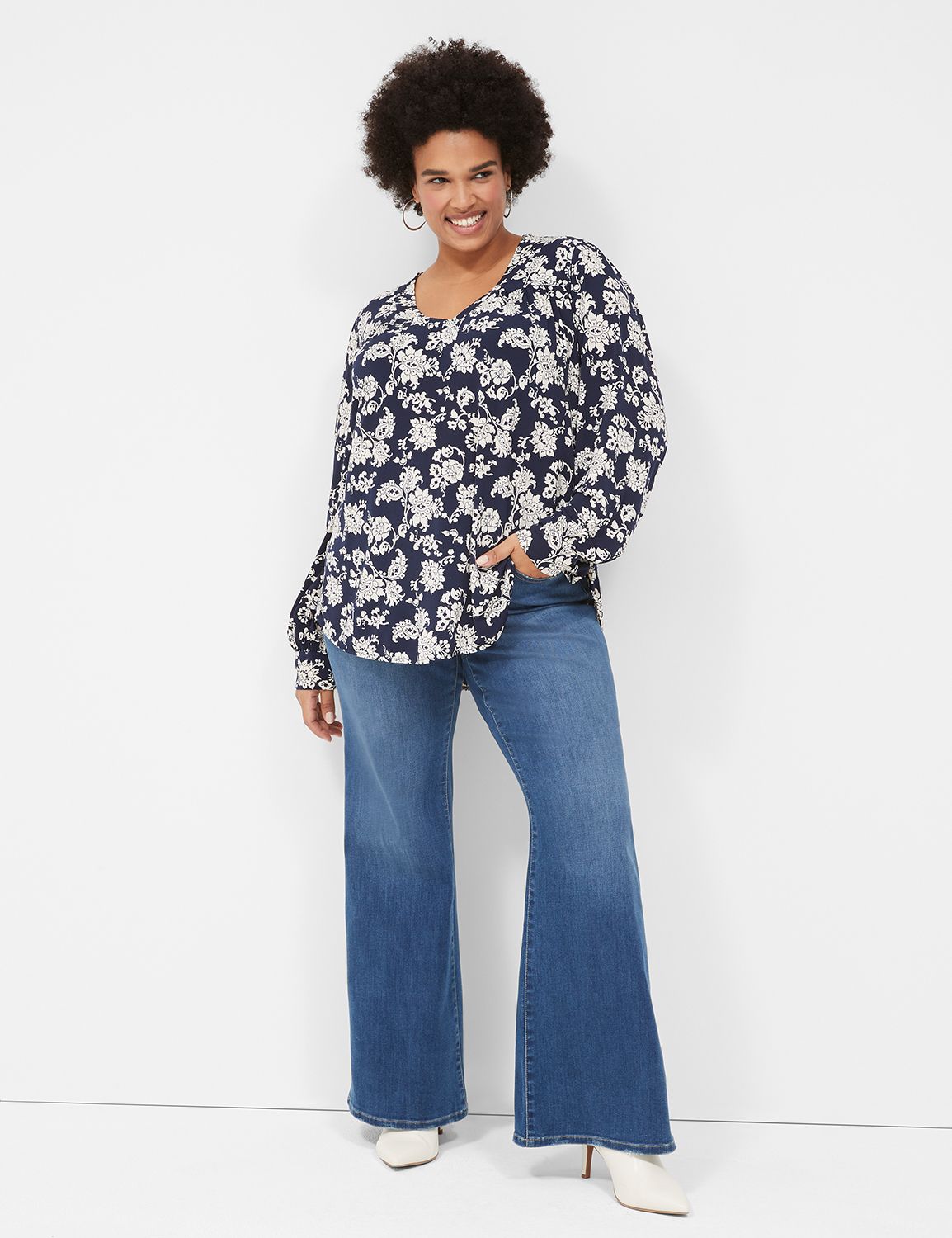 Lynette Long Sleeve Blouse in Cream and Blue
