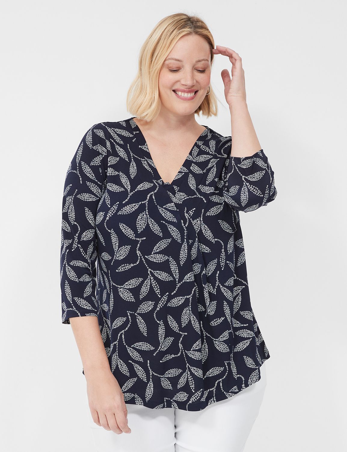 Swing 3/4 Sleeve V Neck Pleat Front Product Image 1