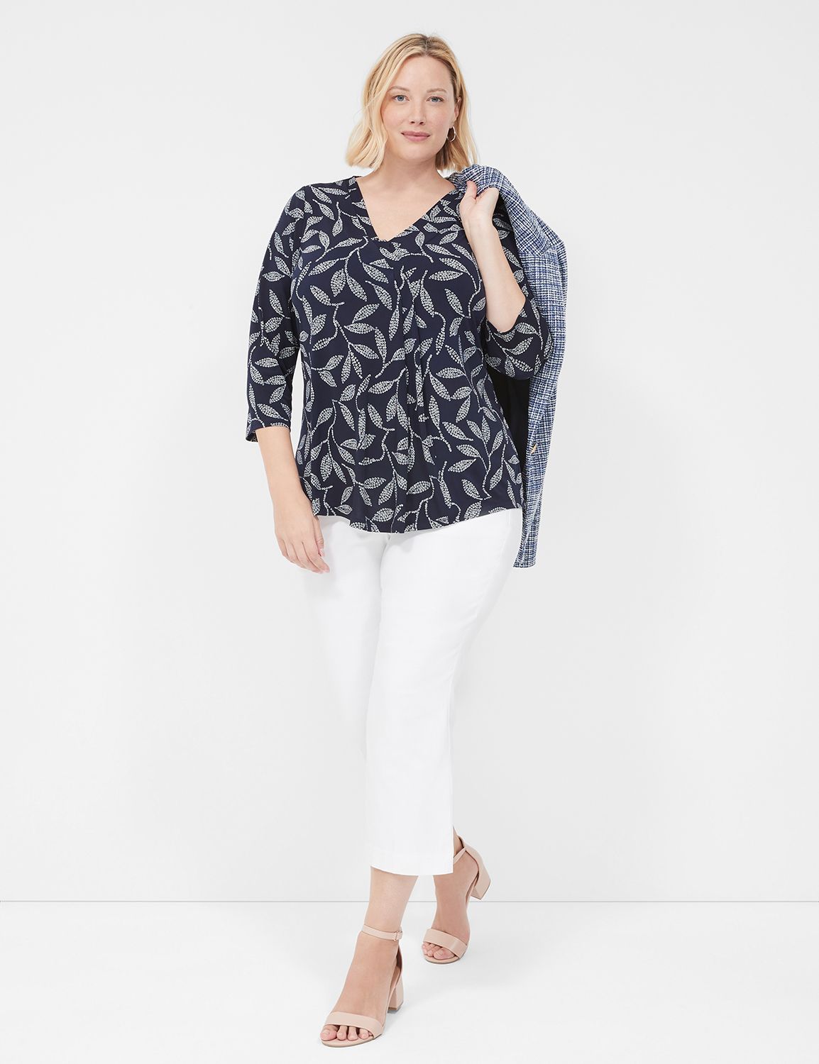 Swing 3/4 Sleeve V Neck Pleat Front Product Image 3