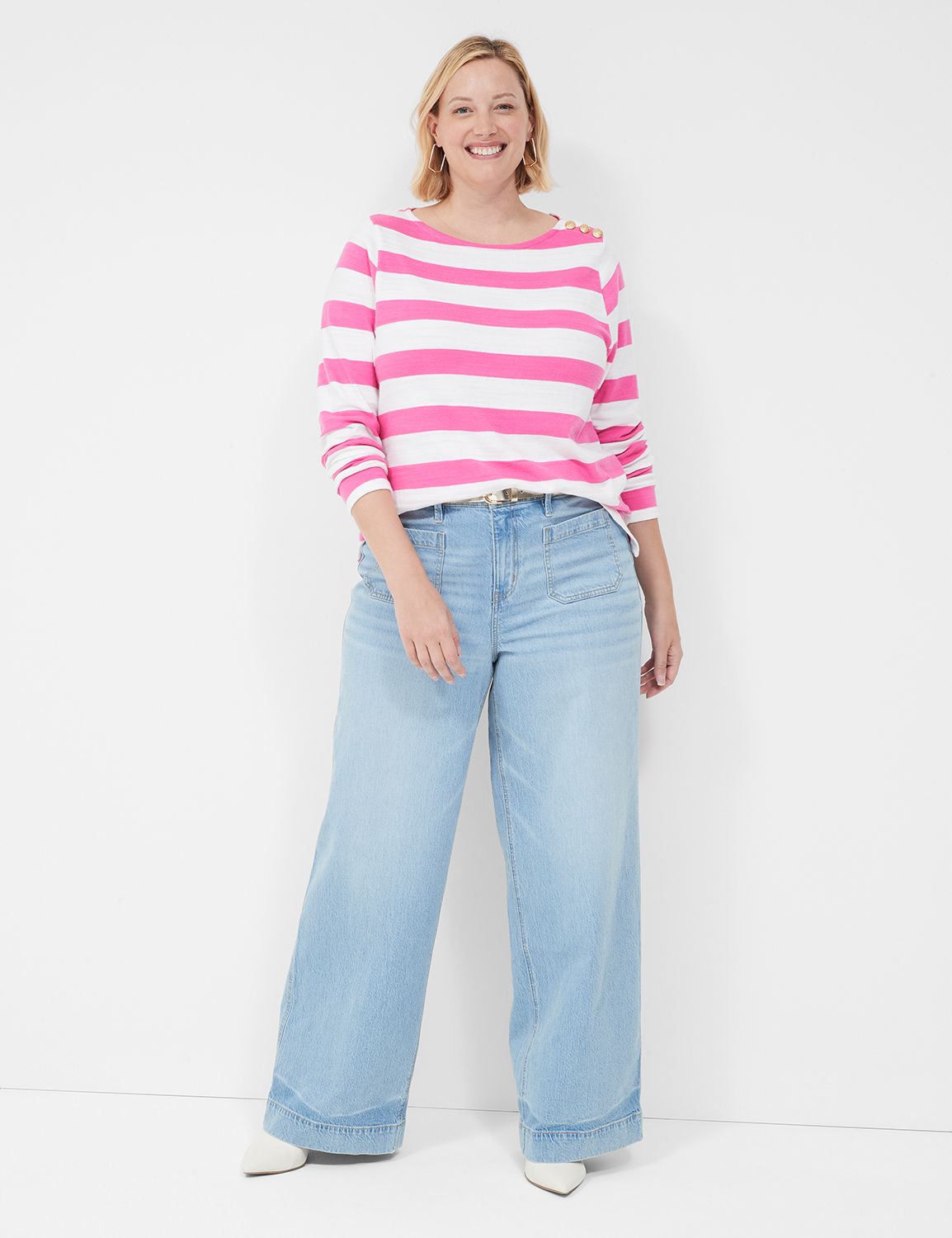 3/4 Sleeve Boatneck Top in Laundered & Navy Stripe main image 0