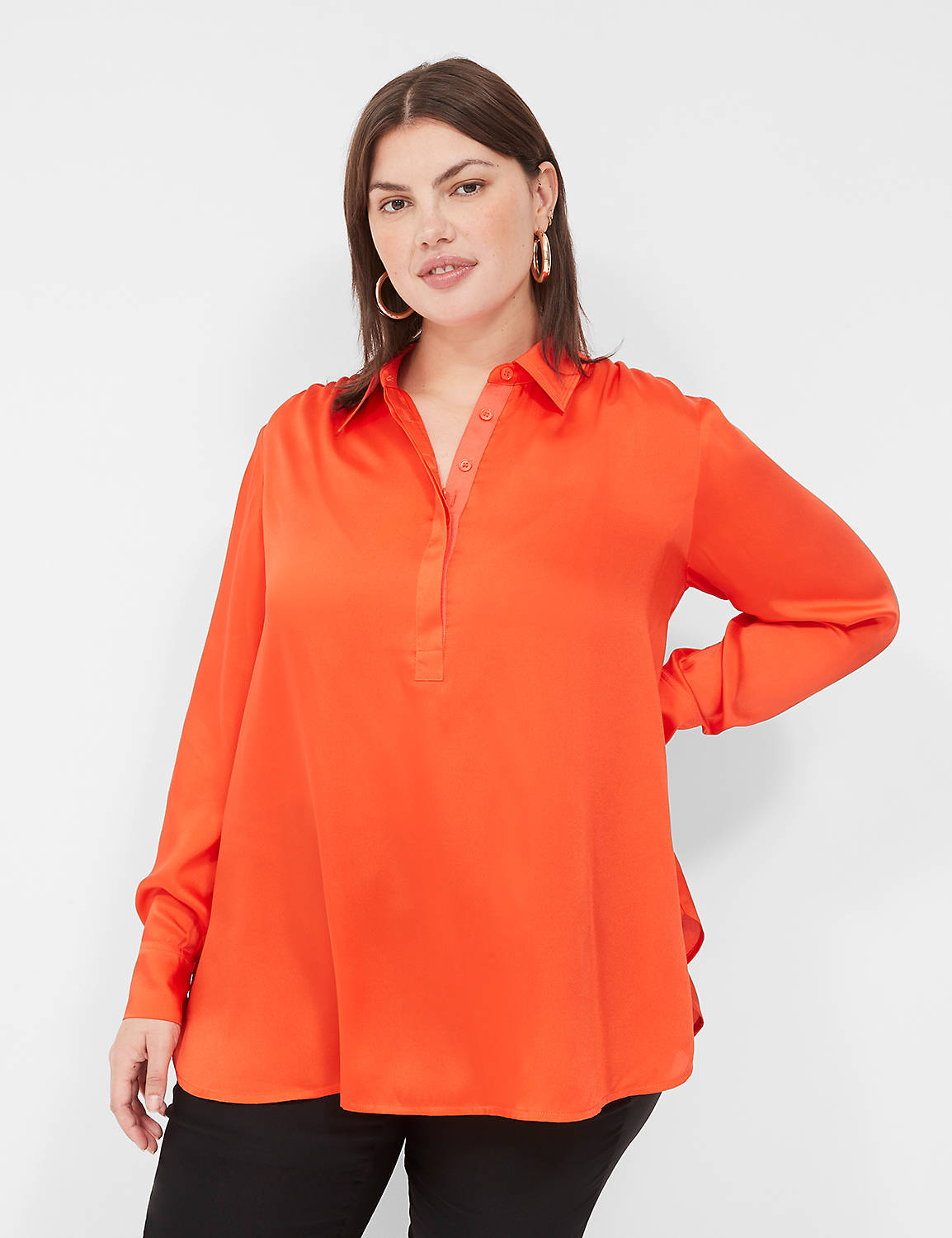 LS Tie-Collared Step Hem Blouse w/ Product Image 1