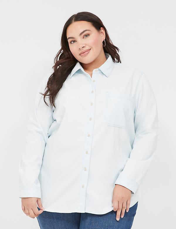 Long-Sleeve Button-Front Denim Boyfriend Shirt