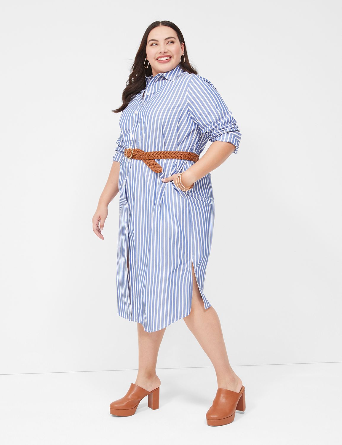 Long-Sleeve Belted Midi Shirt Dress | LaneBryant