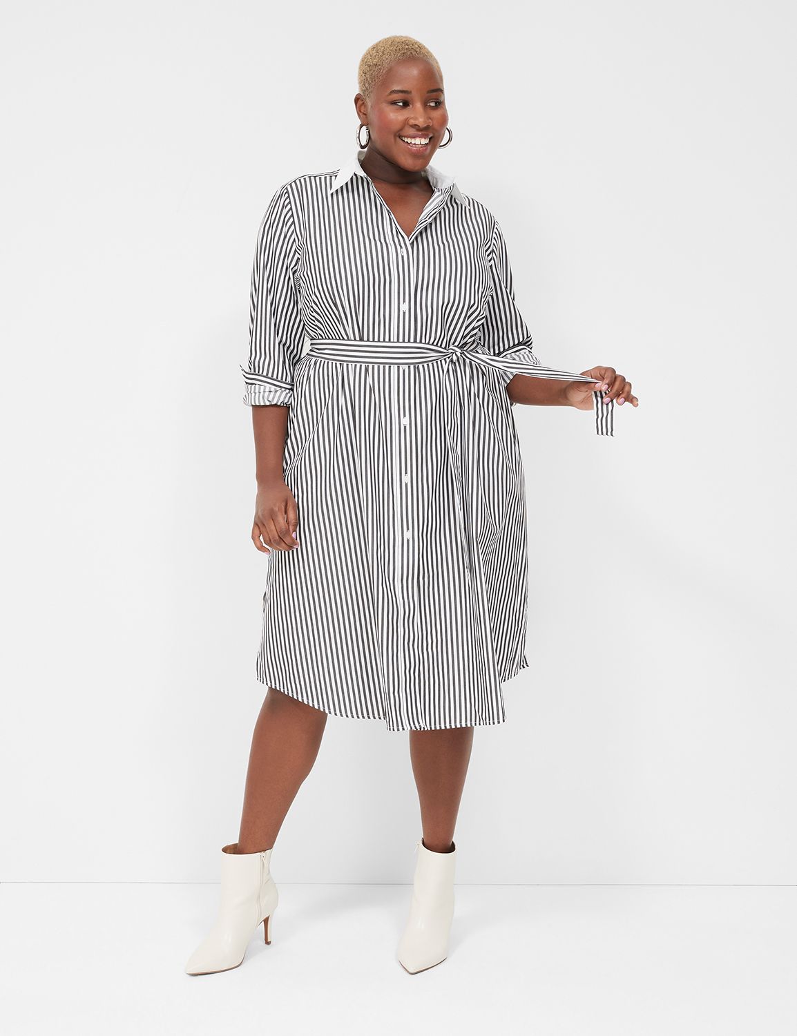 Long-Sleeve Belted Midi Shirt Dress