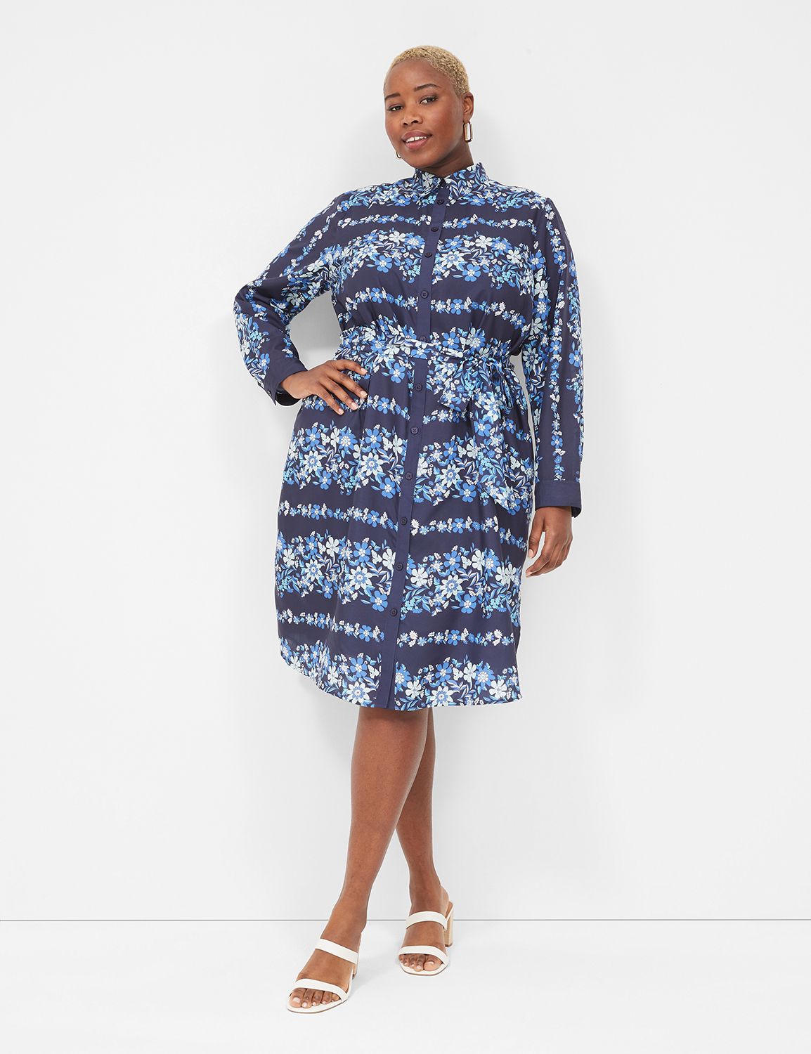 Long-Sleeve Belted Midi Shirt Dress