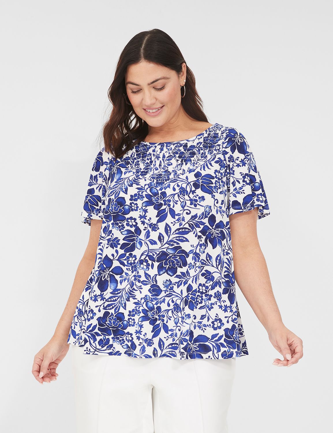 Swing Flutter-Sleeve Smocked-Yoke Top