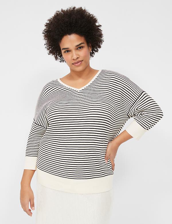 3/4-Sleeve V-Neck Striped Sweater