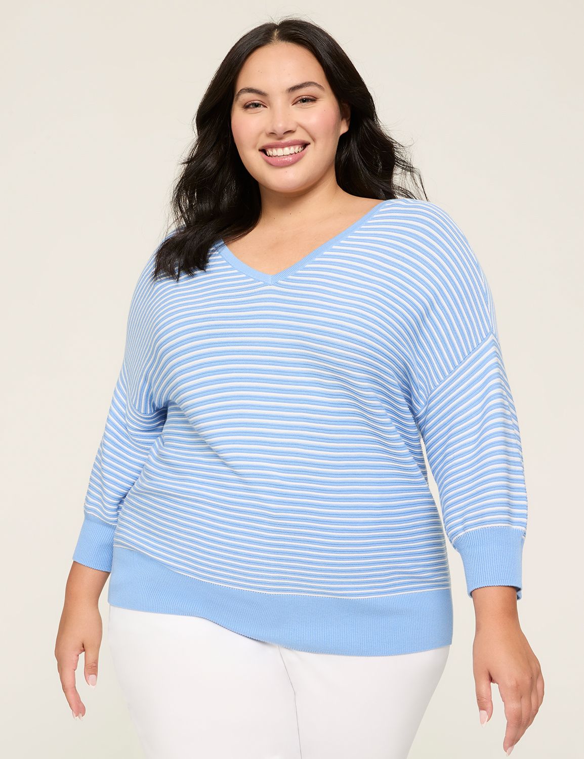 Loose Three Quarter Sleeve V Neck Striped Basics Regular Blouse main image 0