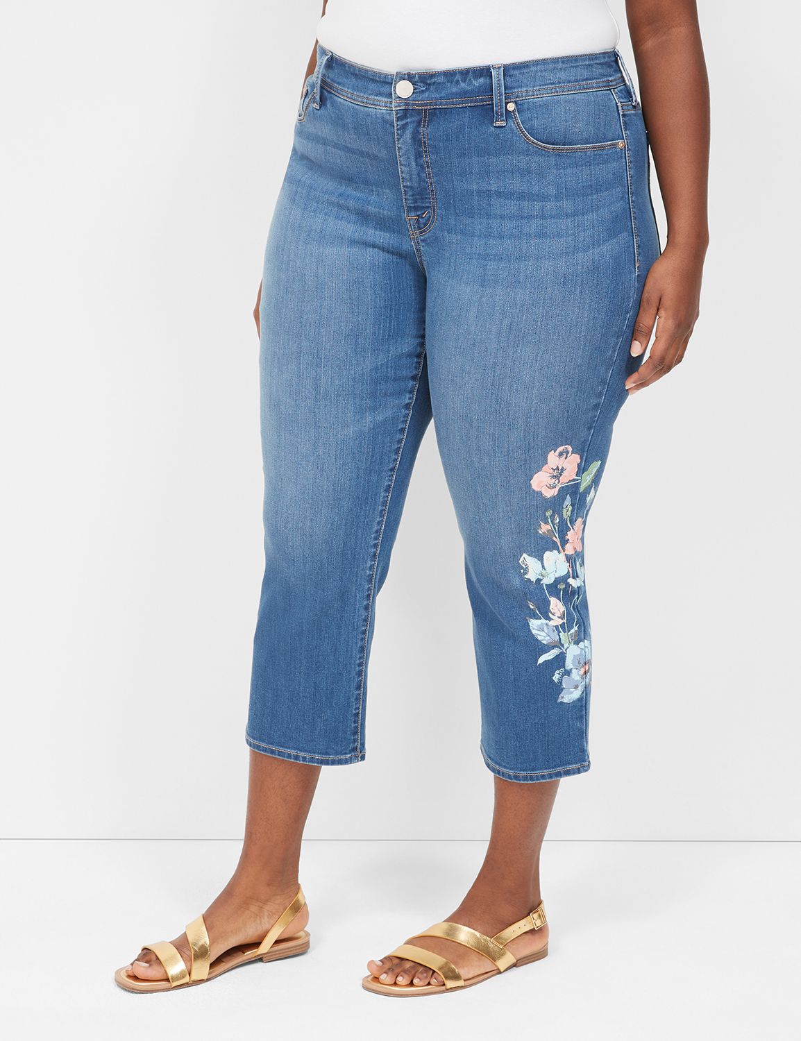 Capri jeans with floral print and high waist - White - Sz. 42-60 -  Zizzifashion