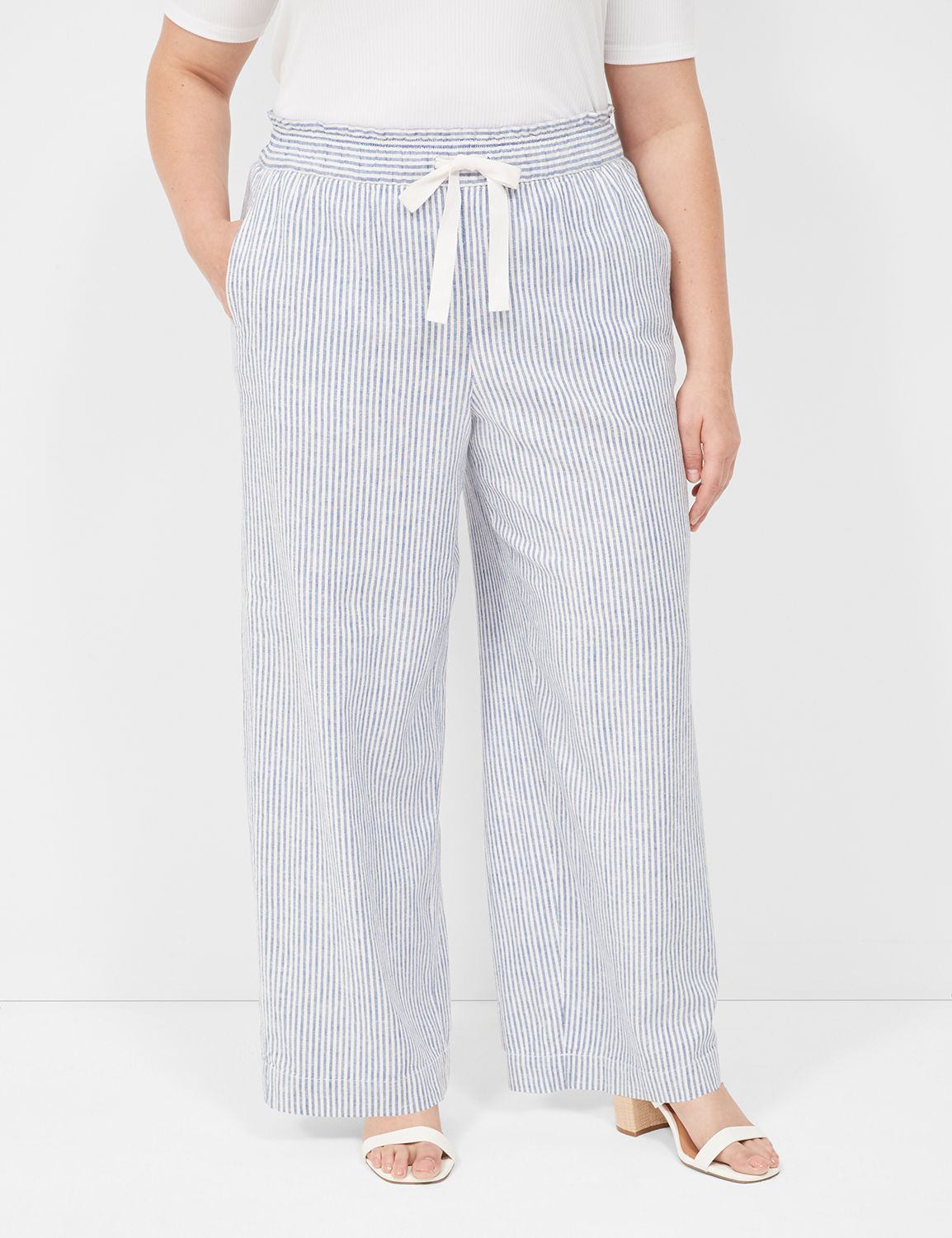 Linen Stripe Pull-On Wide Leg Pant