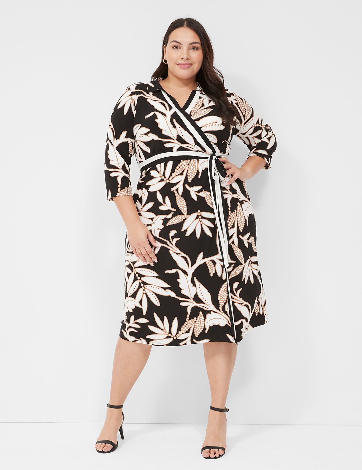 3/4-Sleeve Collar Faux-Wrap Jersey Midi Dress