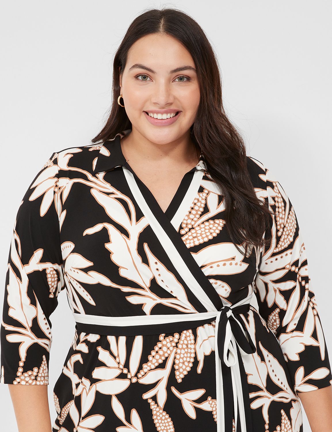 Floral Print Dresses - Collared Neck Three-Quarter Sleeve