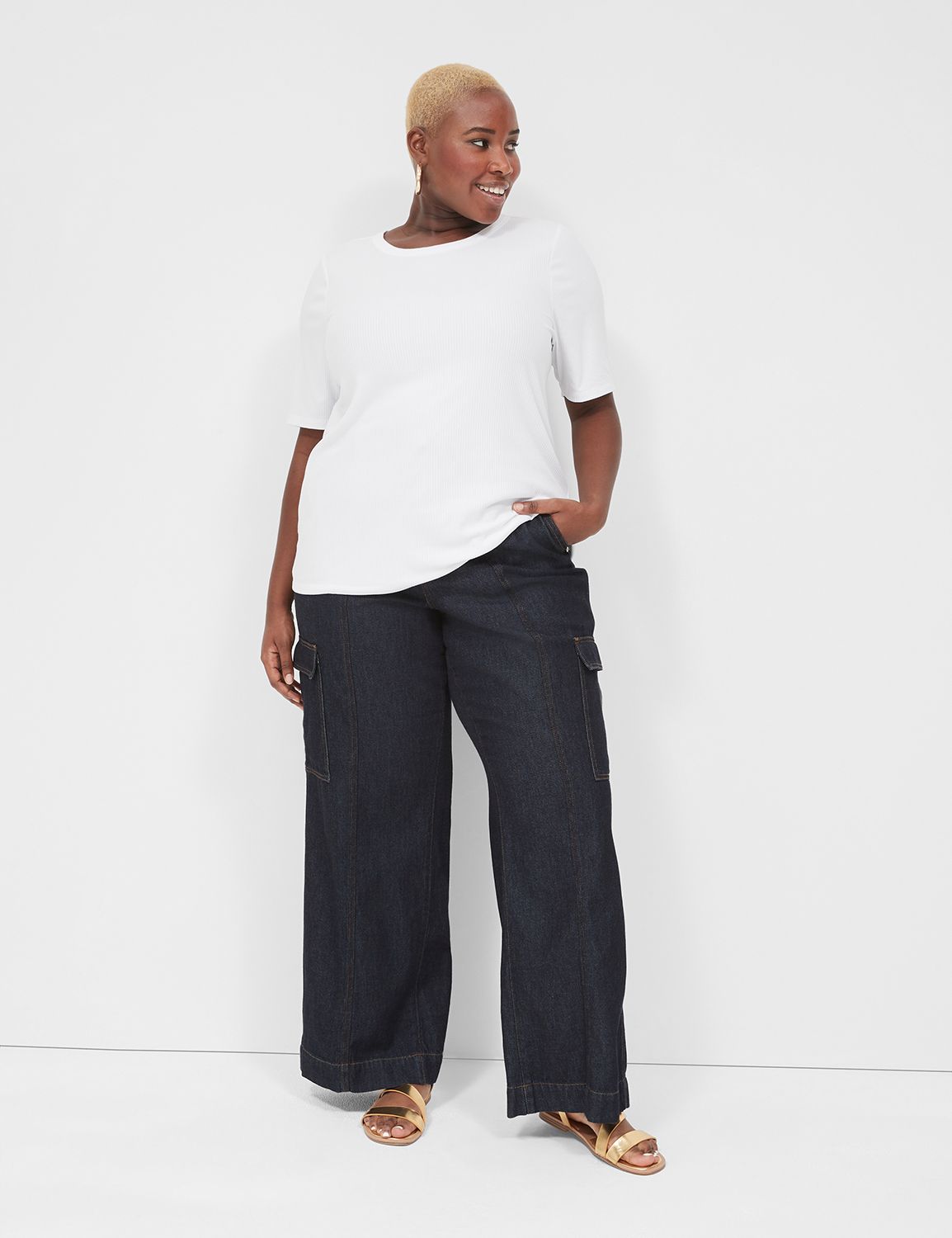 Elbow-Sleeve High Crew-Neck Rib Top | LaneBryant