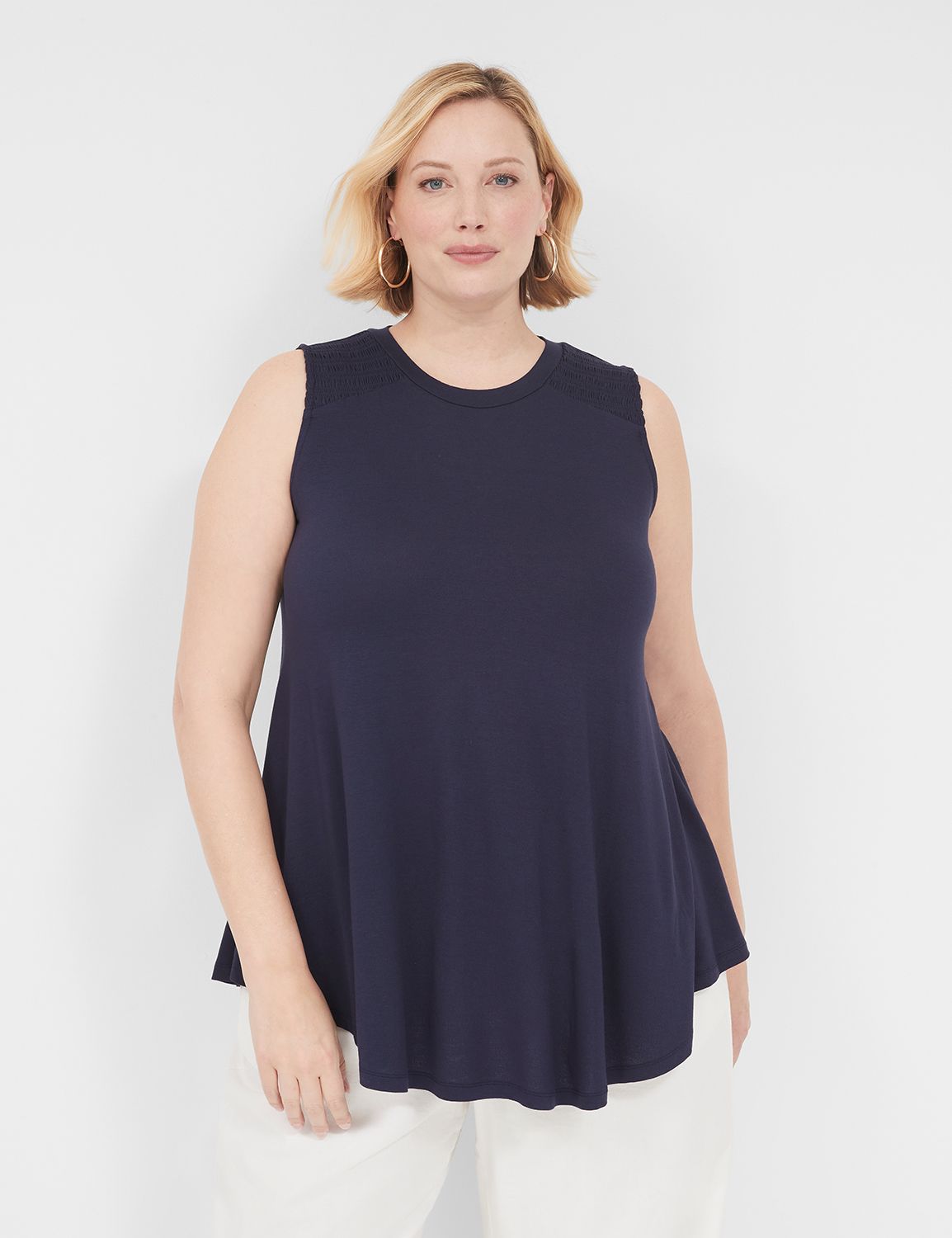 Max Swing High-Neck Smocked-Shoulder Tunic