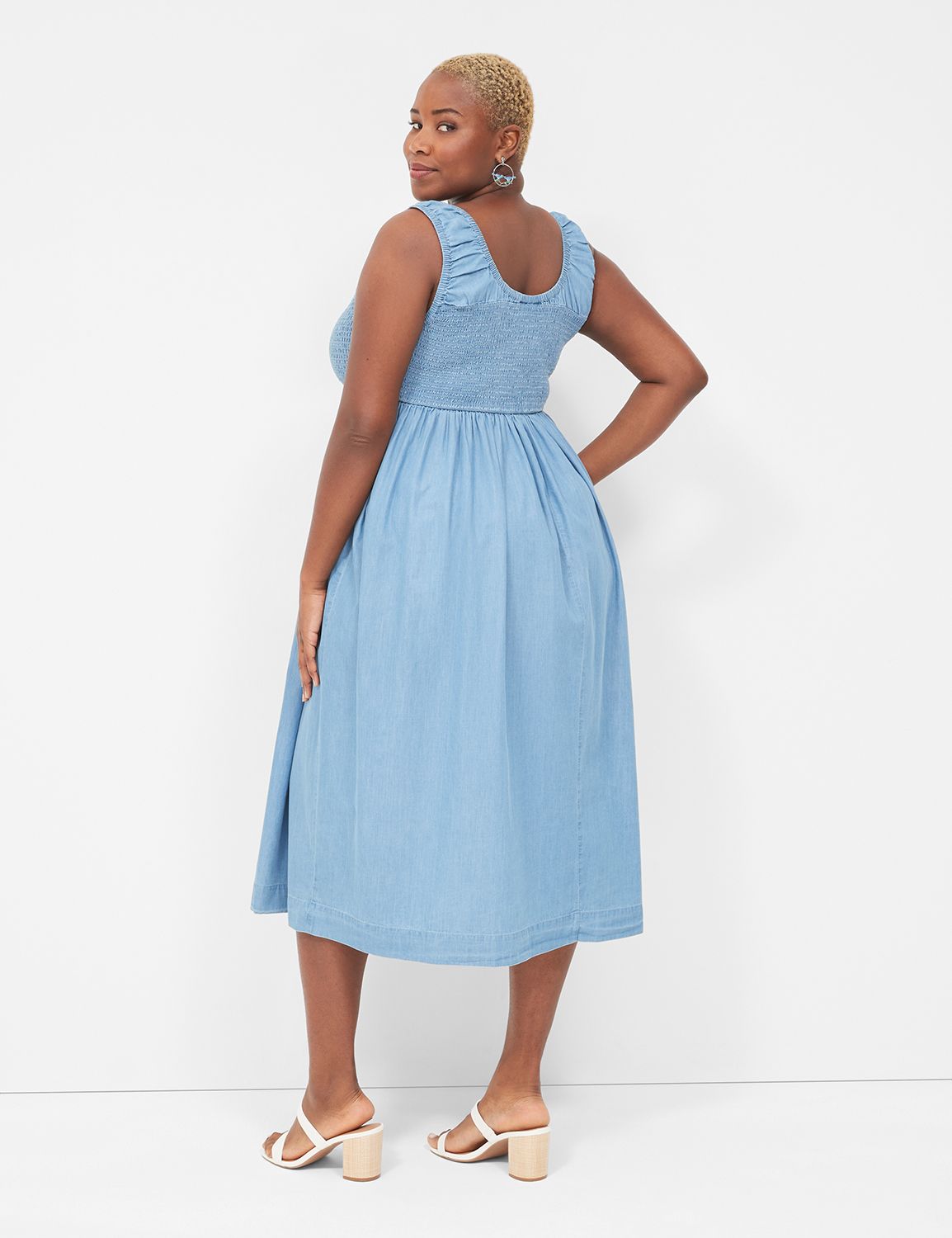 Smocked-Bodice Chambray Midi Dress