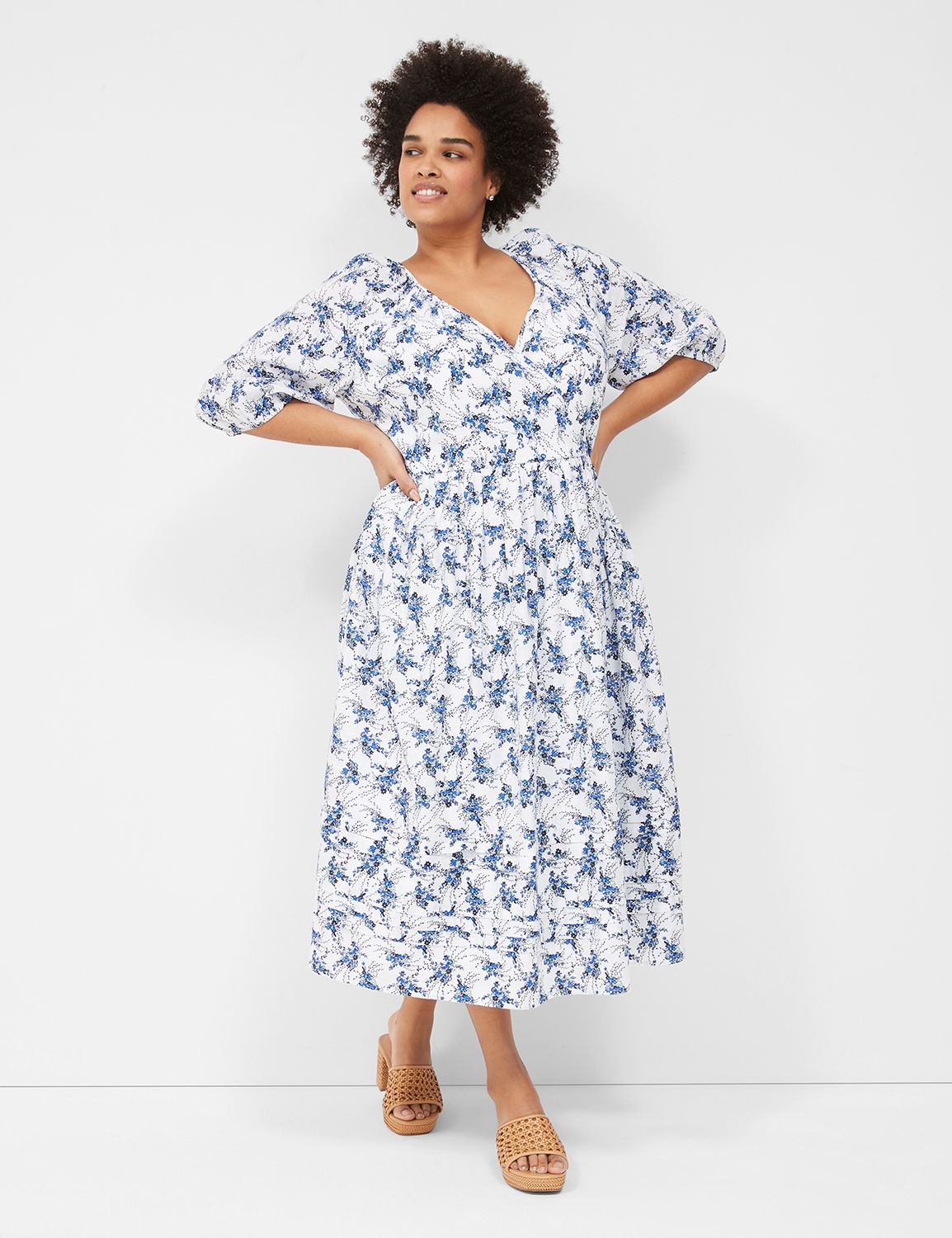 Elbow Puff Sleeve Surplice Tucks De Product Image 1