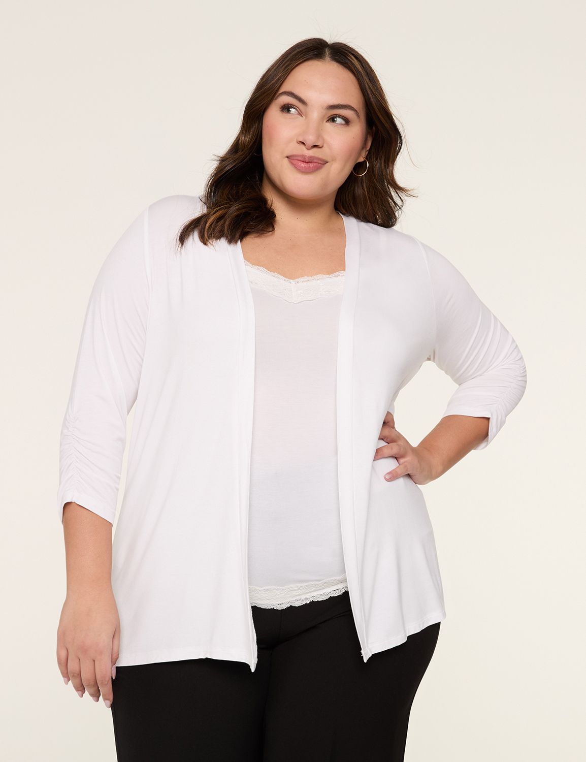 3/4 Ruched-Sleeve Open-Front Overpiece