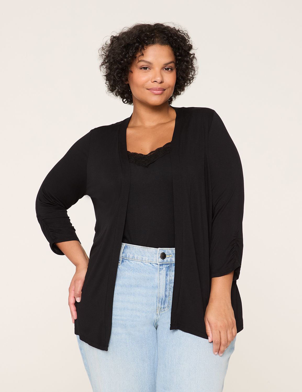 3/4 Ruched-Sleeve Open-Front Overpiece