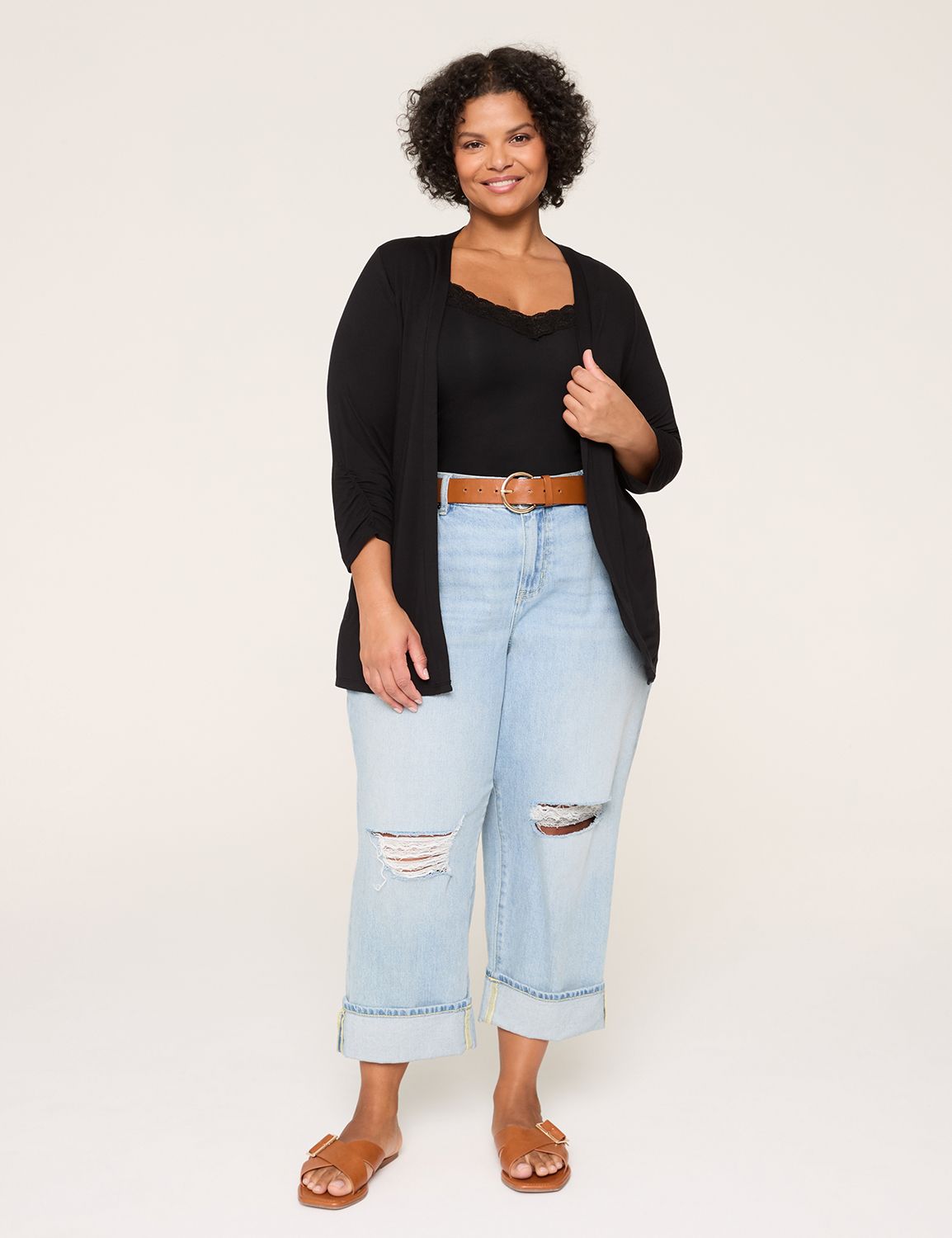 3/4 Ruched-Sleeve Open-Front Overpiece | LaneBryant