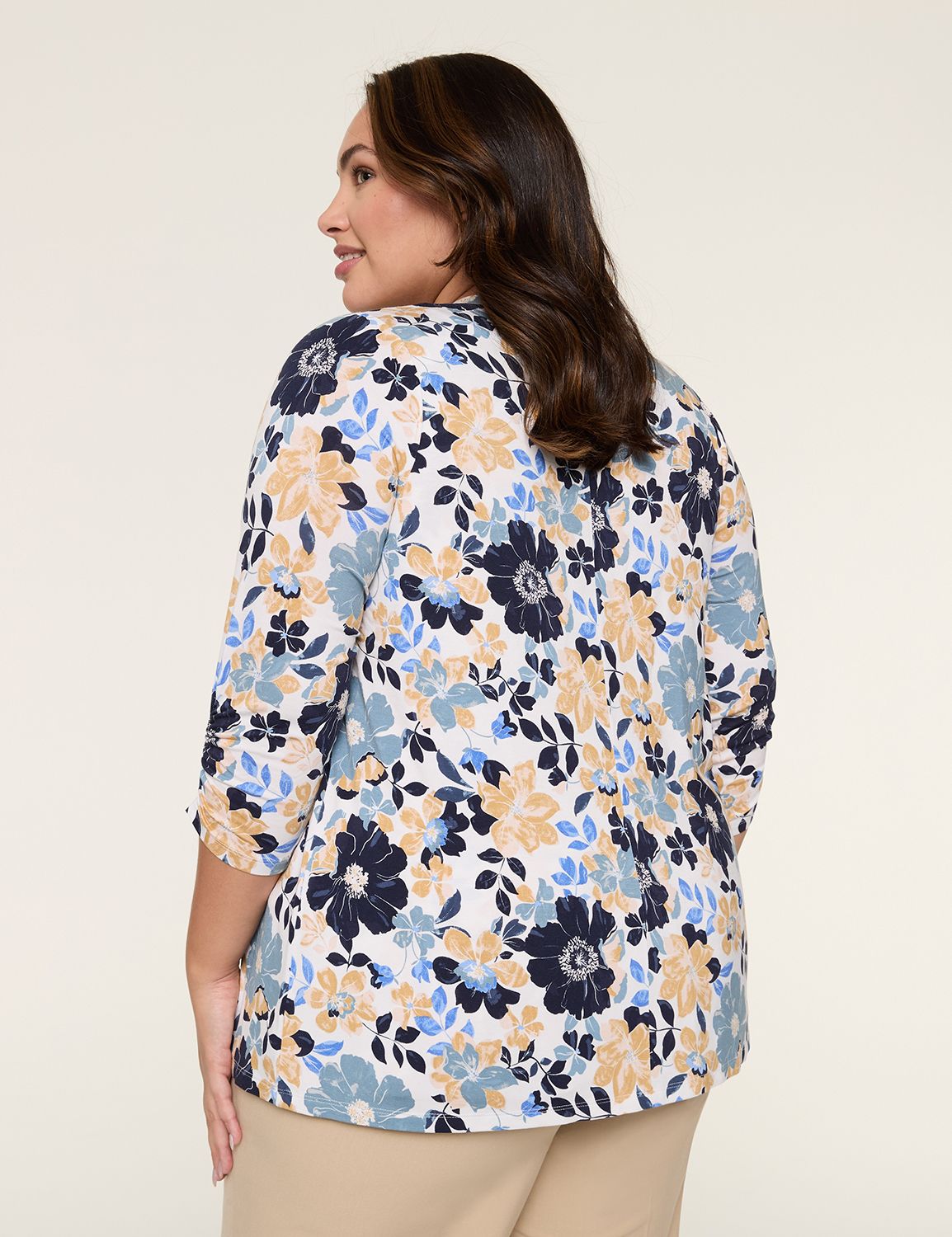 3/4 Ruched-Sleeve Open-Front Overpiece