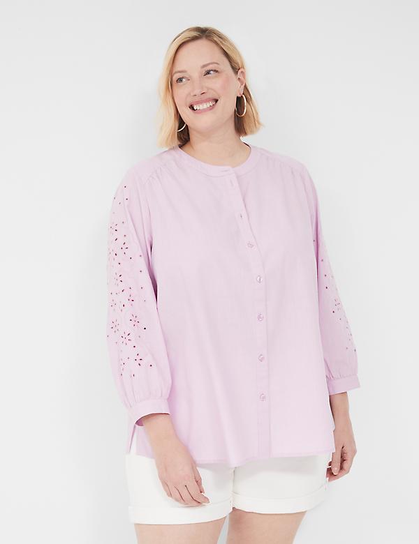 Relaxed Eyelet-Sleeve Button-Front Blouse