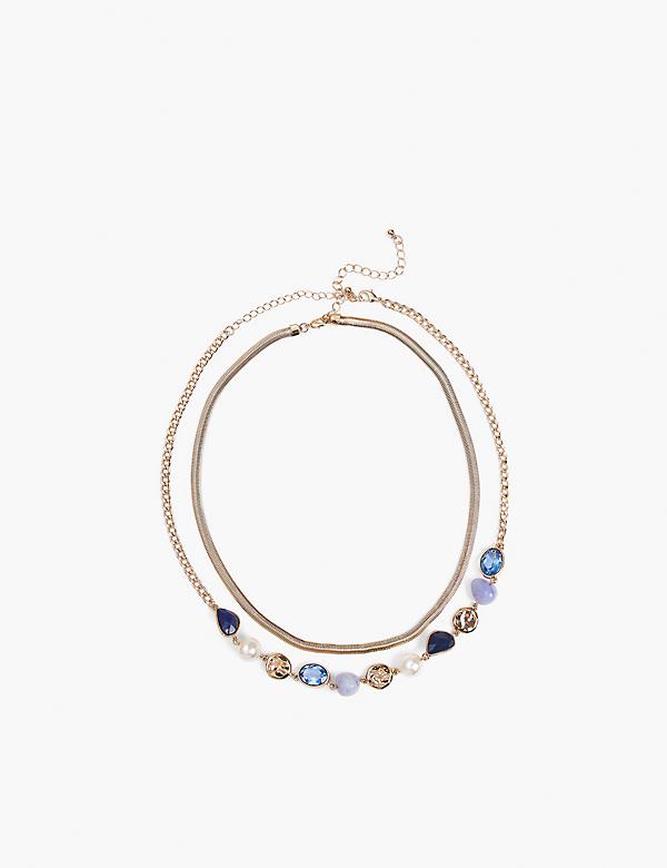 Blue Imitation Stone & Pearlized Layered Necklace