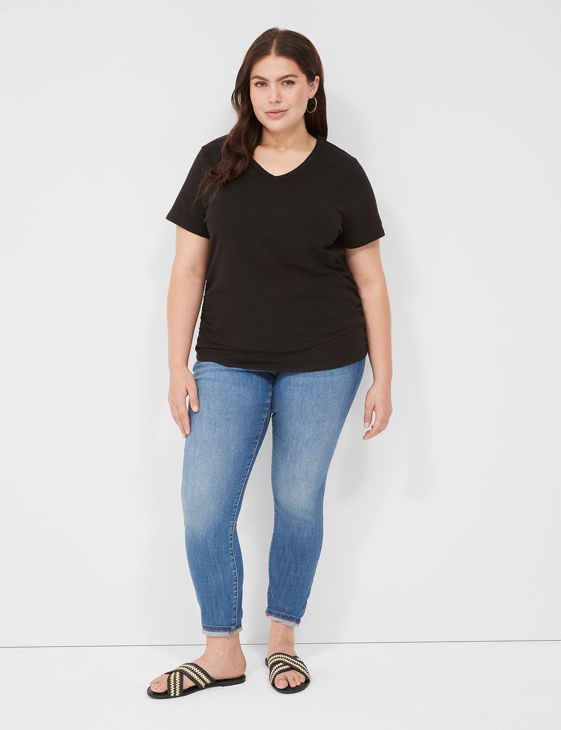 Stretch Cotton V Neck Side Ruched Muscle Tee