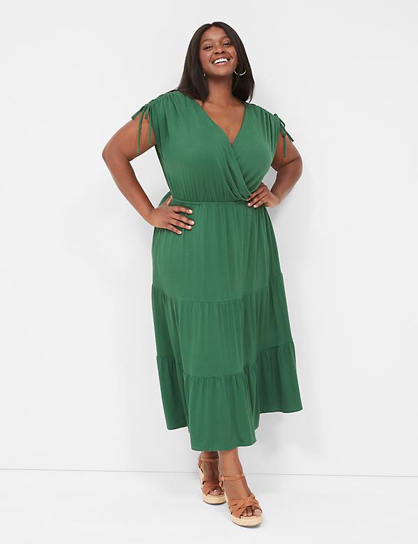 Ruched-Shoulder Tiered Jersey Midi Dress