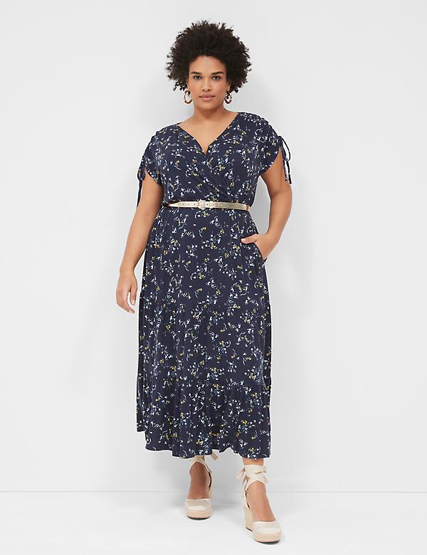 Ruched-Shoulder Tiered Jersey Midi Dress