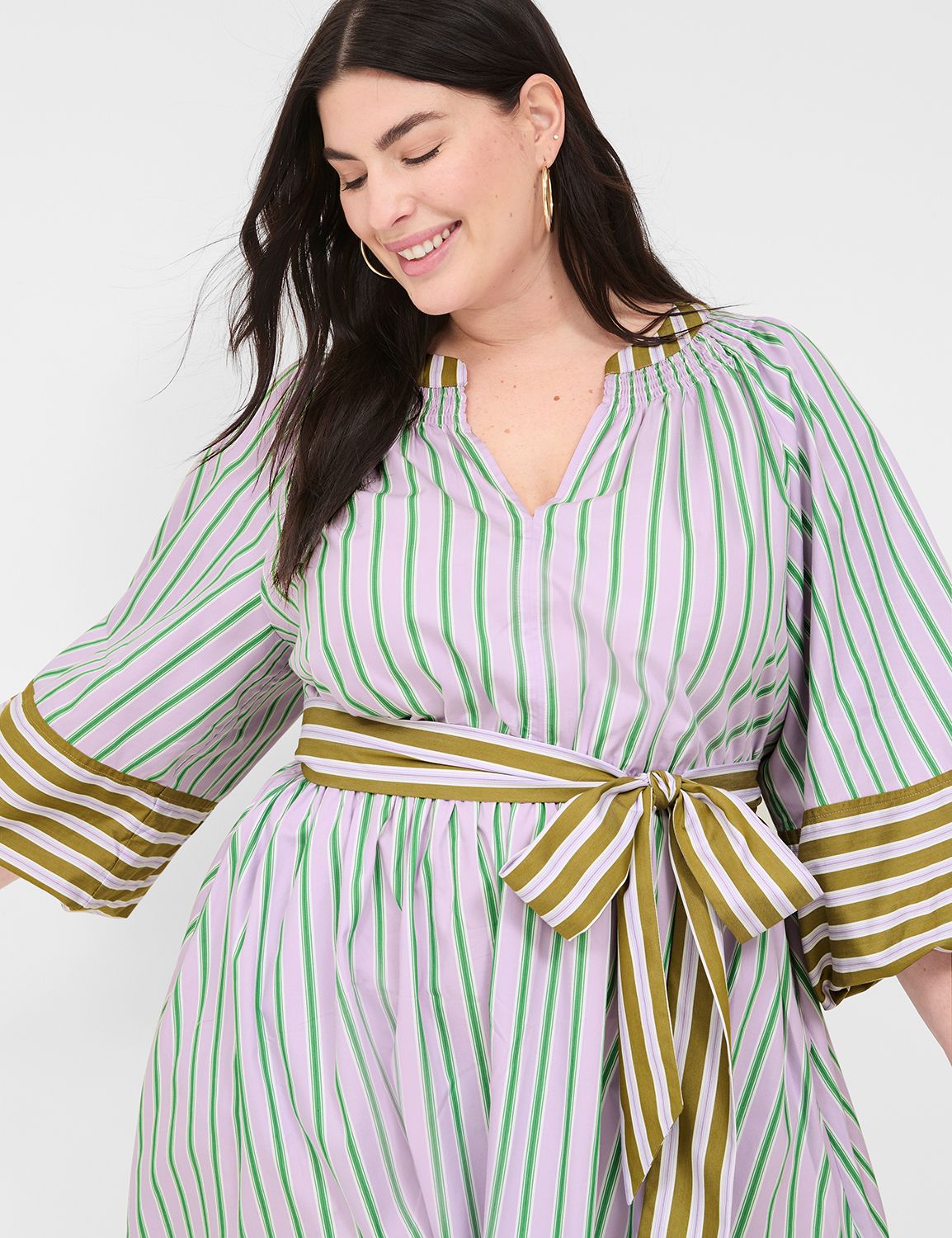 Long Blouson-Sleeve Notch-Neck Dress | LaneBryant, image size:1154x1500