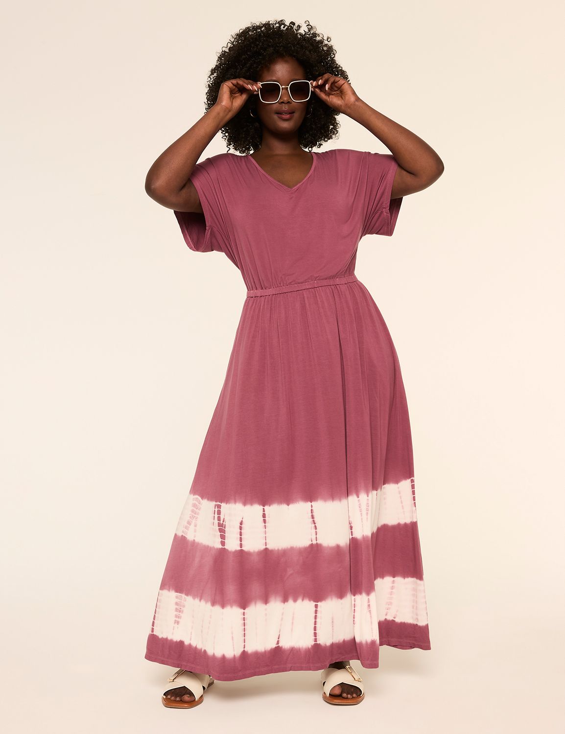 Dolman-Sleeve V-Neck Tie-Dye Dress