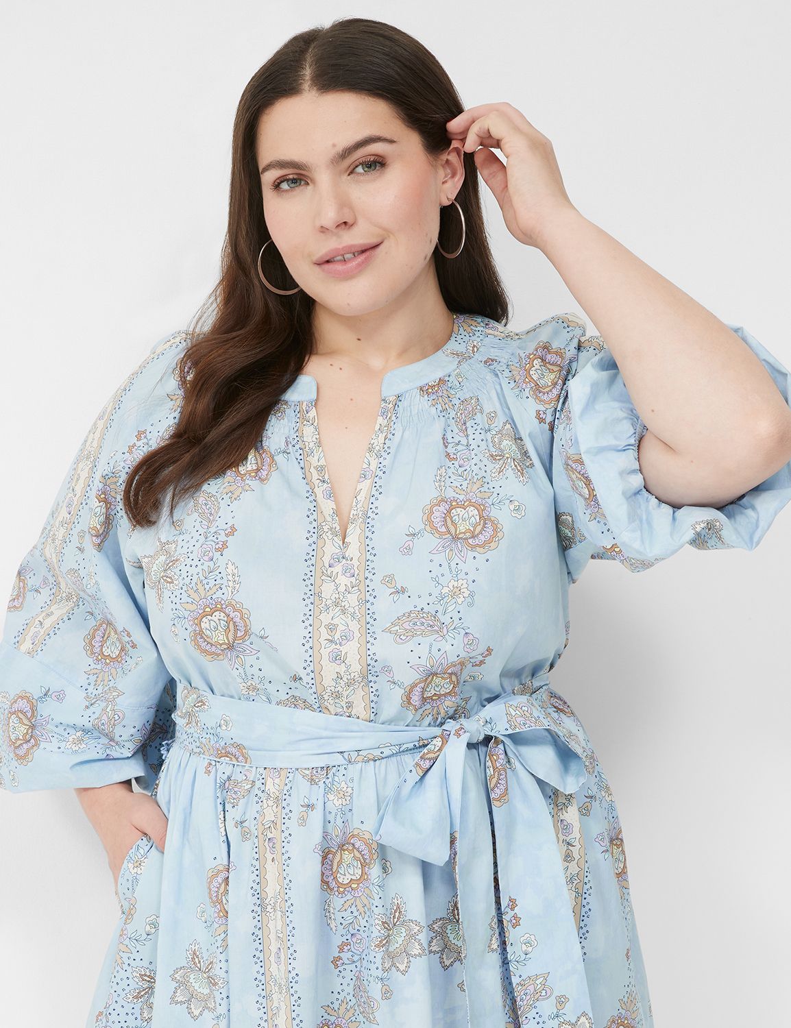Cream Floral Neck Tie Long Sleeve Midi Dress main image 0
