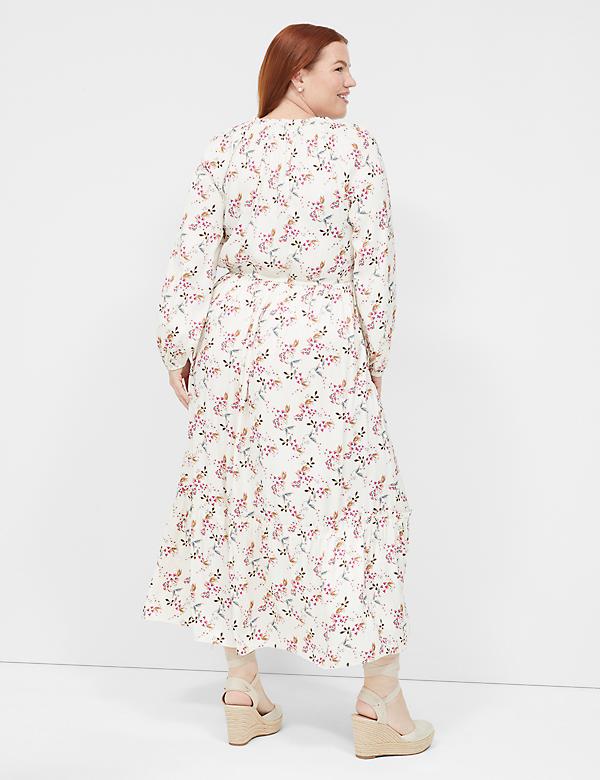 Satin Blouson-Sleeve Tiered Midi Dress