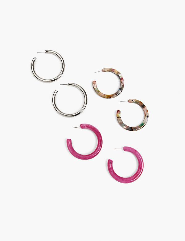 Purple Resin & Metal Hoop Earrings - 3-Pack