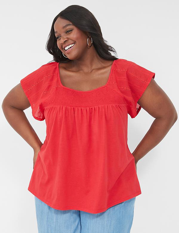 Relaxed Eyelet-Sleeve Smocked-Neck Top