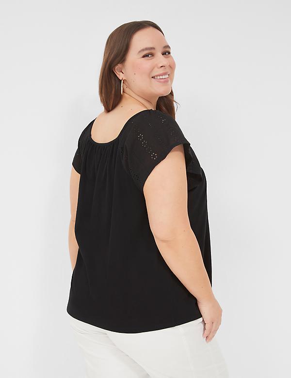 Relaxed Eyelet-Sleeve Smocked-Neck Top