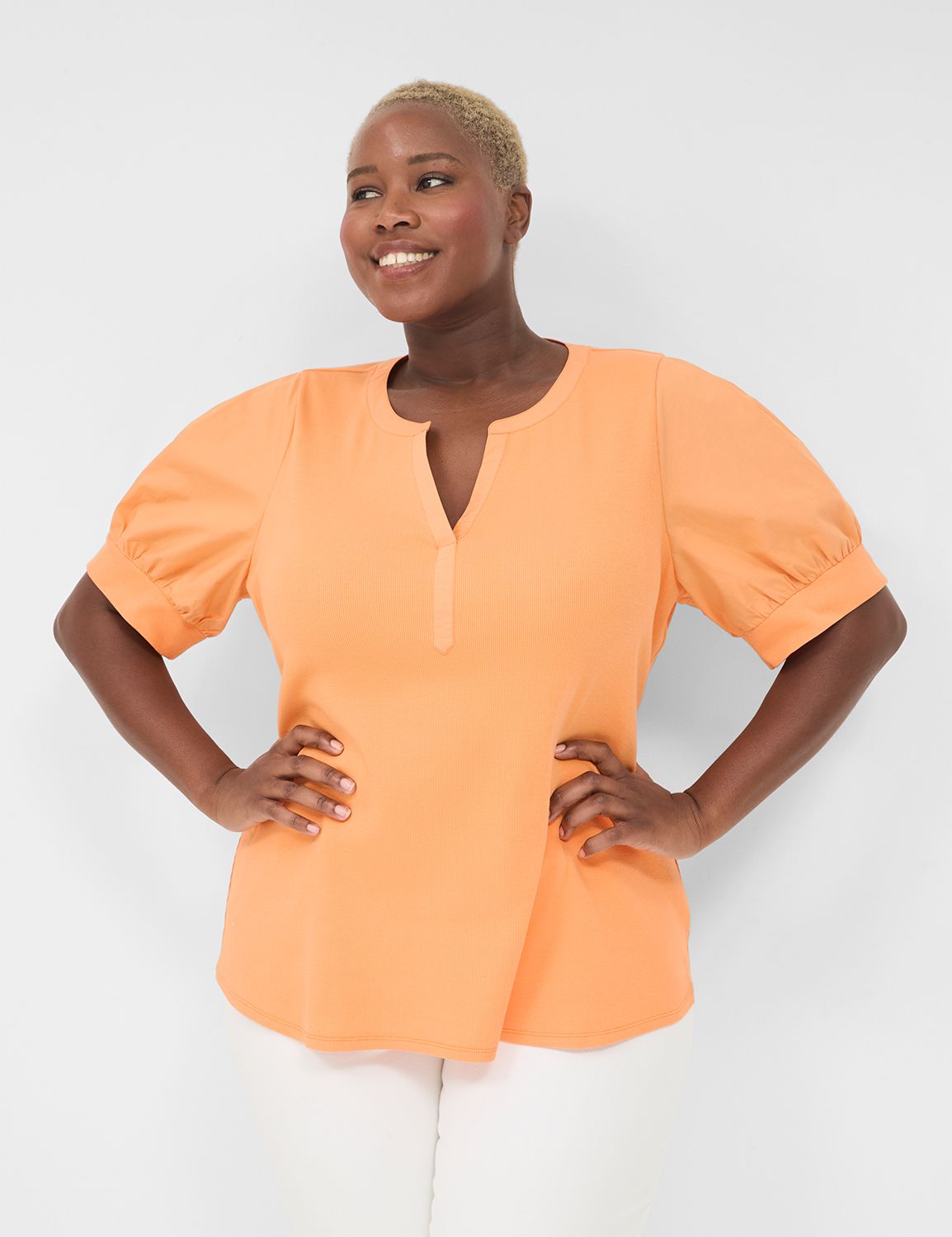 Classic Elbow Sleeve Split Neck Top Product Image 1