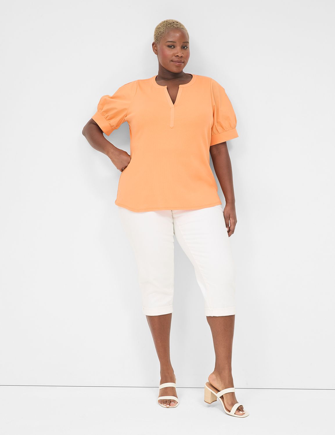 Classic Elbow Sleeve Split Neck Top Product Image 3