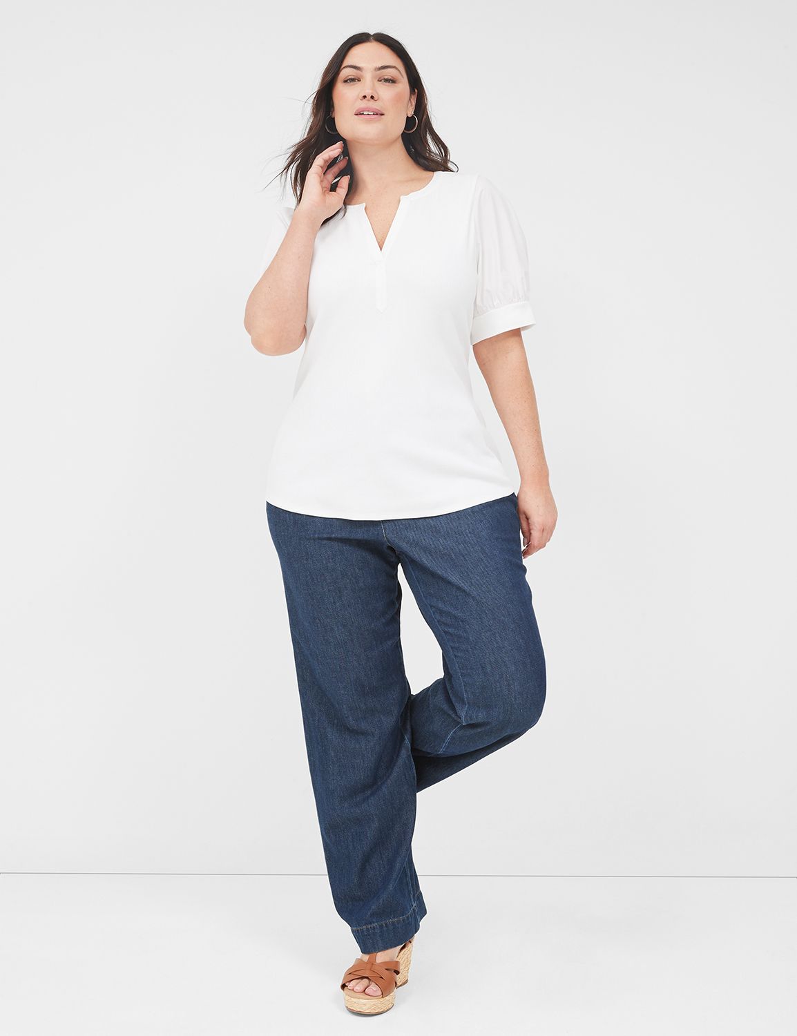Classic Elbow Sleeve Split Neck Top Product Image 3
