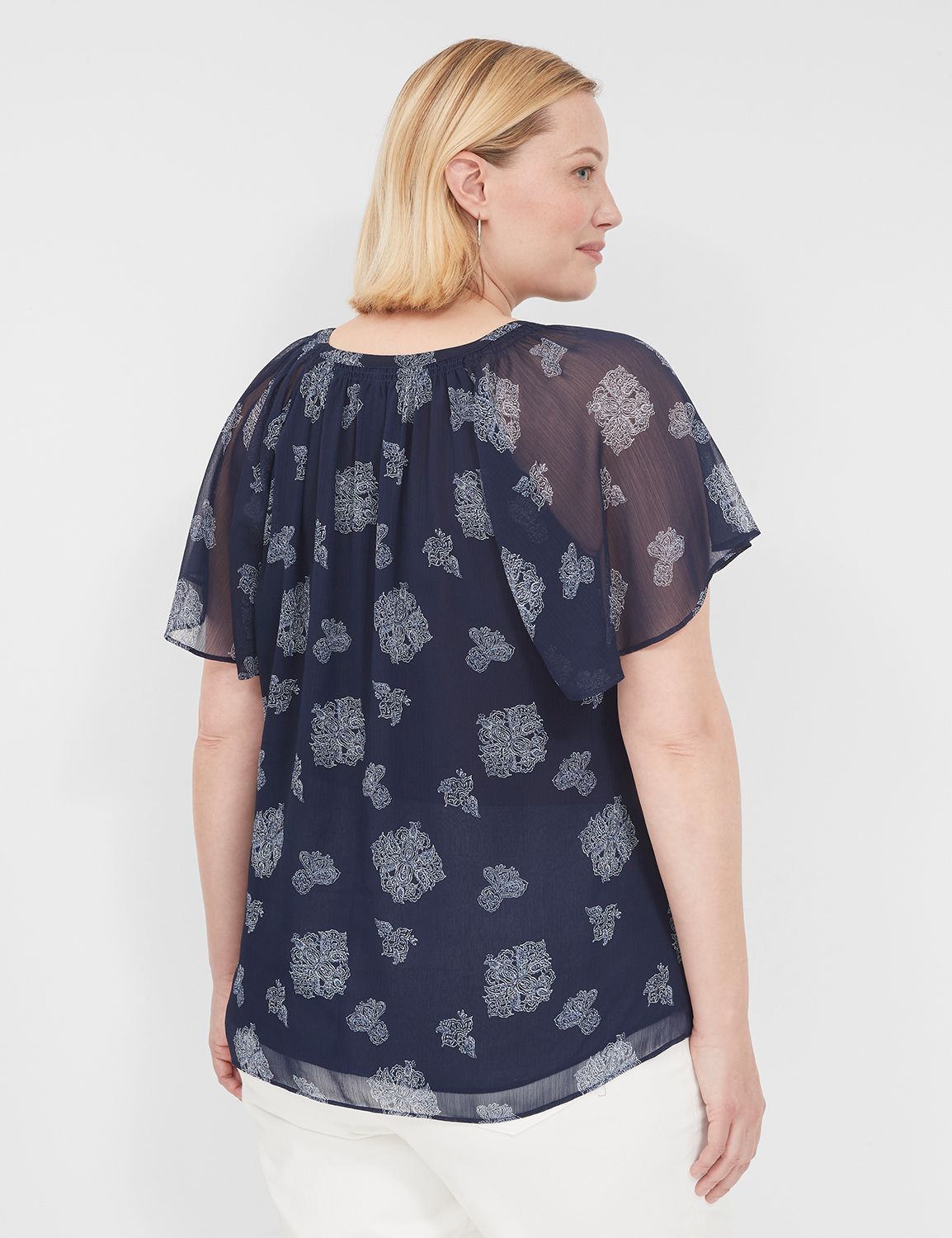 Umgee Floral Print Flutter Sleeve Split Neck Top