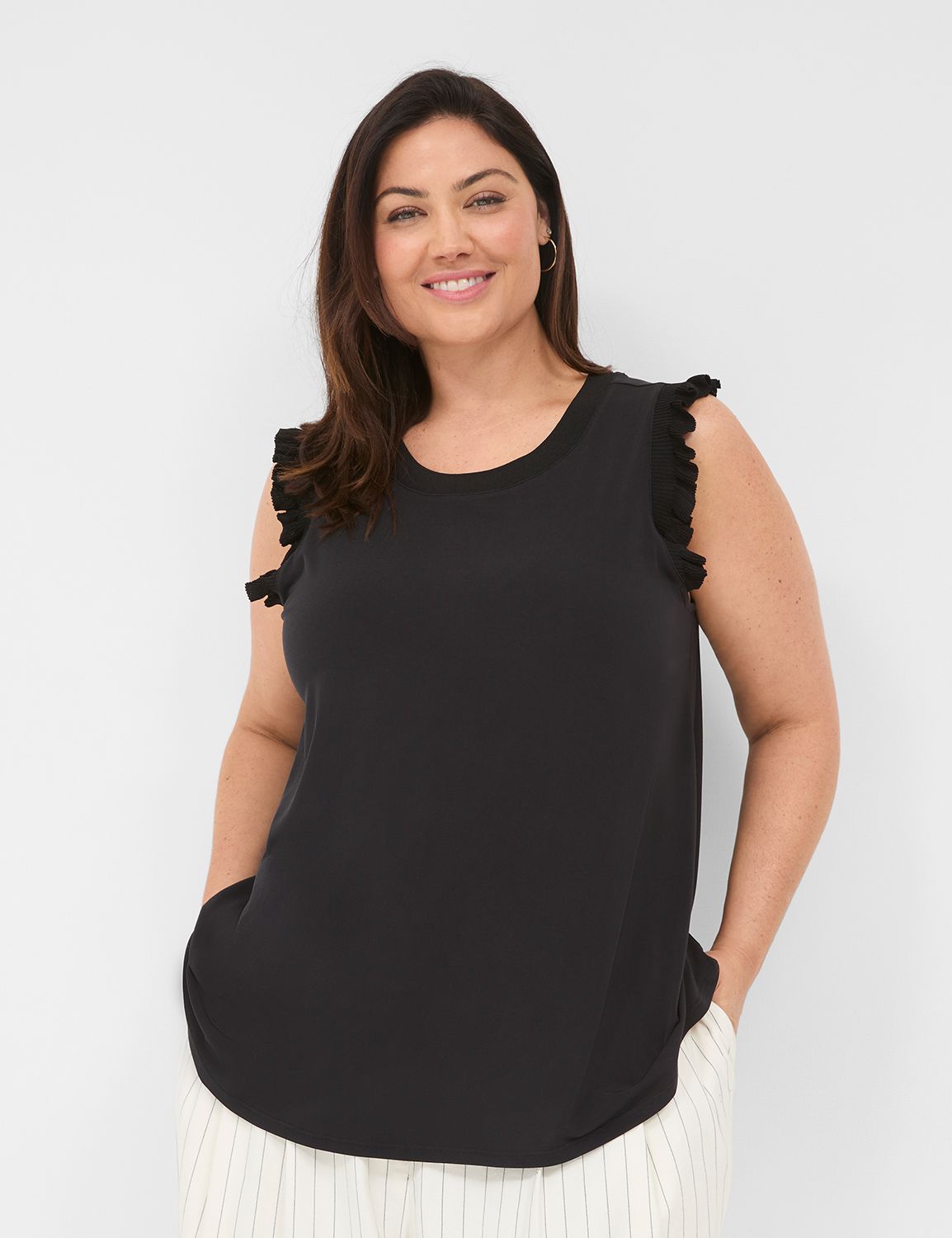 Crew Neck Ruffle Trimmed Tank S 114 | LaneBryant