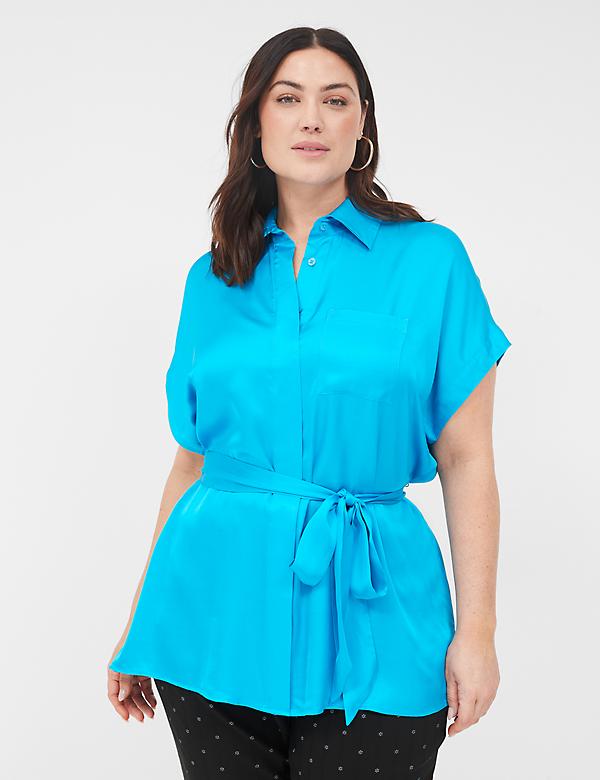 Relaxed Satin Dolman-Sleeve Button-Front Tunic
