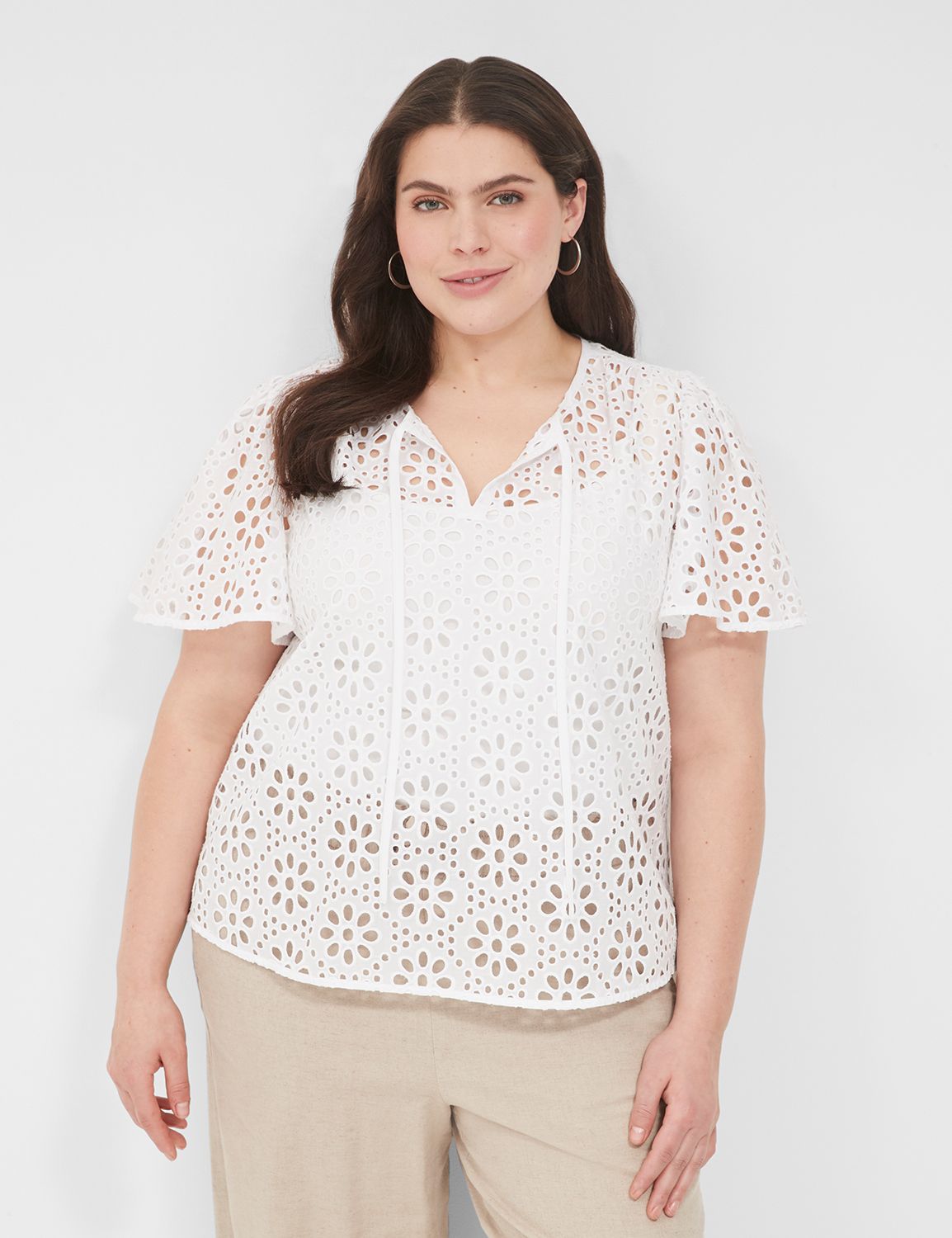 Sheer Flutter-Sleeve Eyelet Top