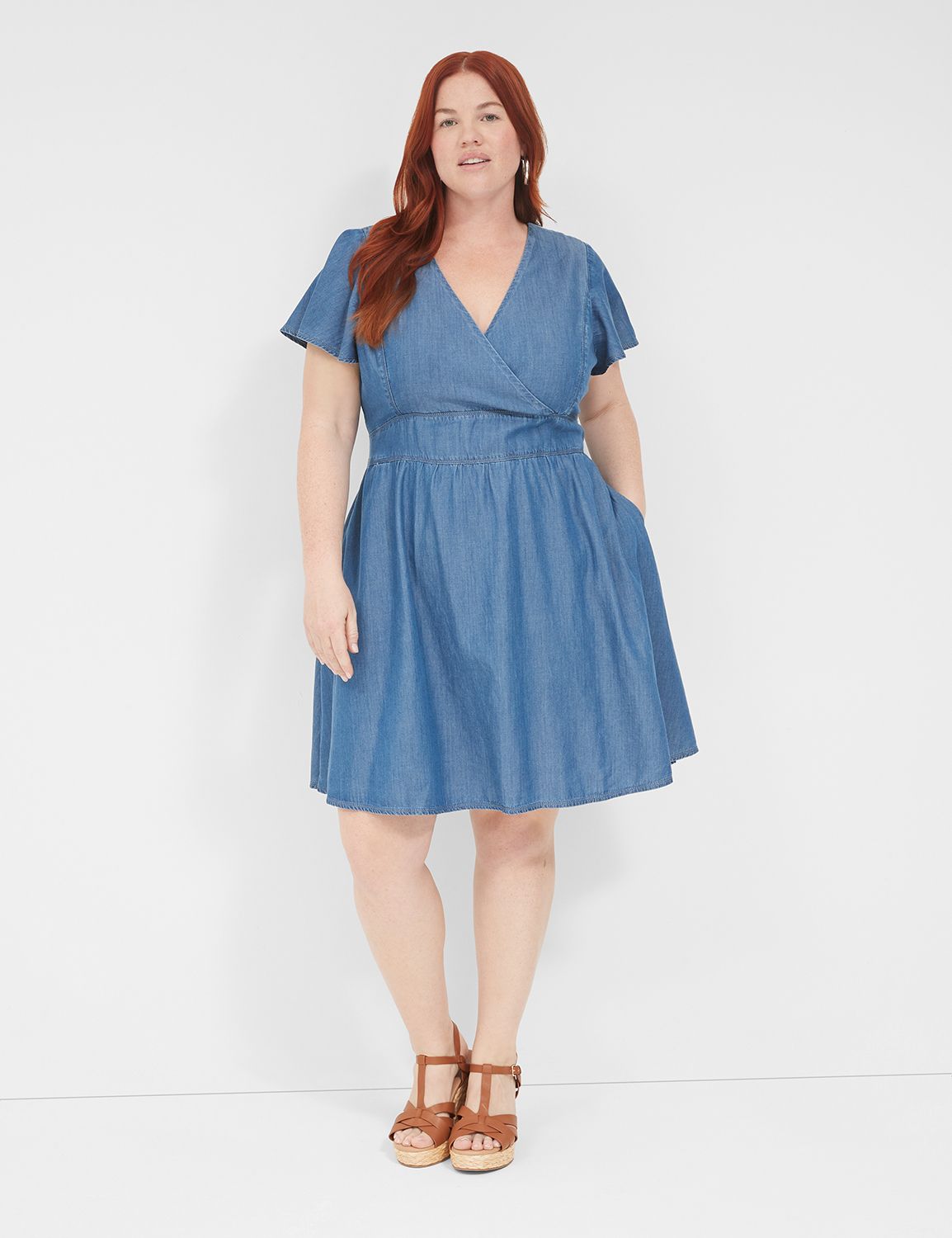 Lena Denim Surplice-Neck Level-Hem Dress