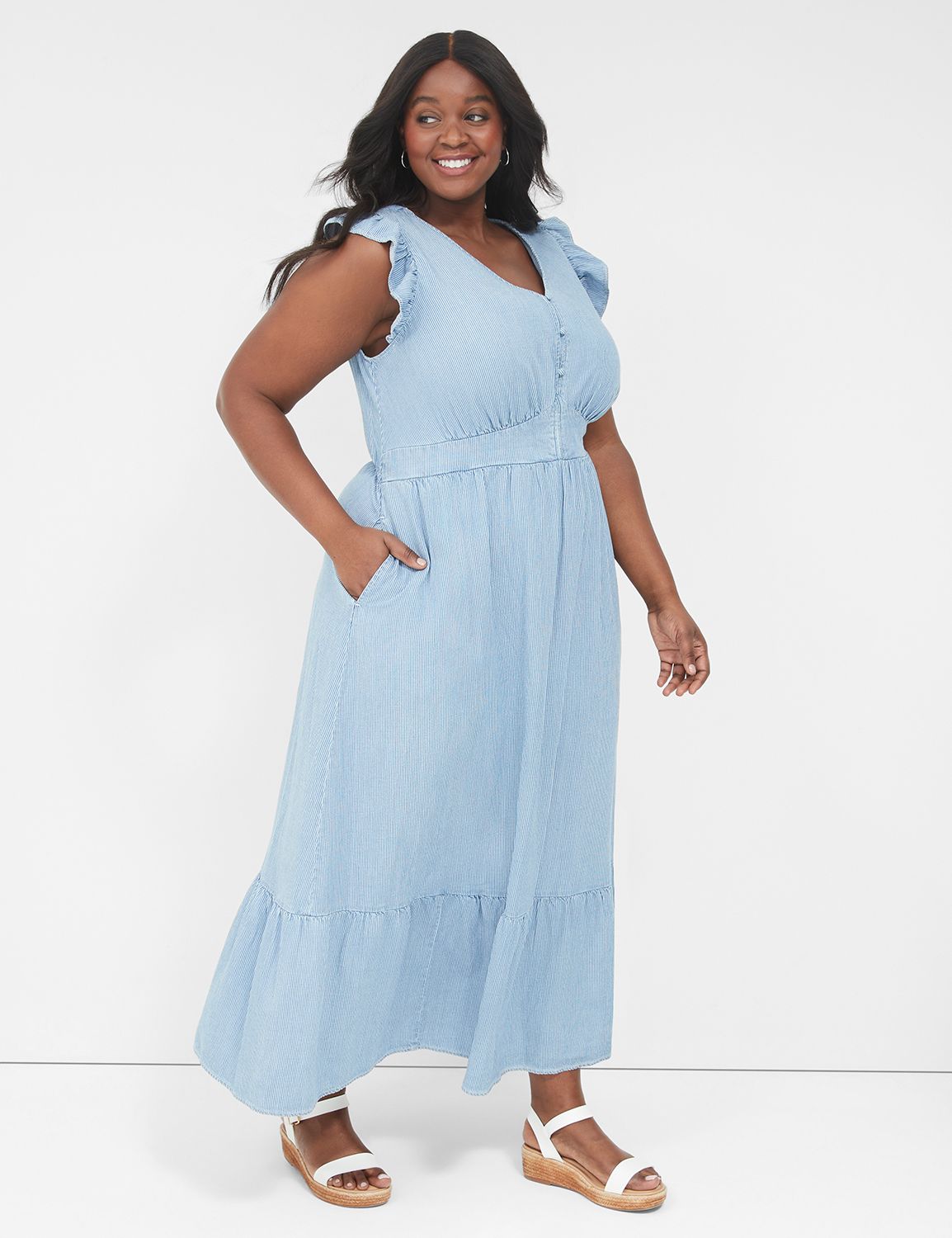 Flutter-Sleeve Button-Front Denim Maxi Dress