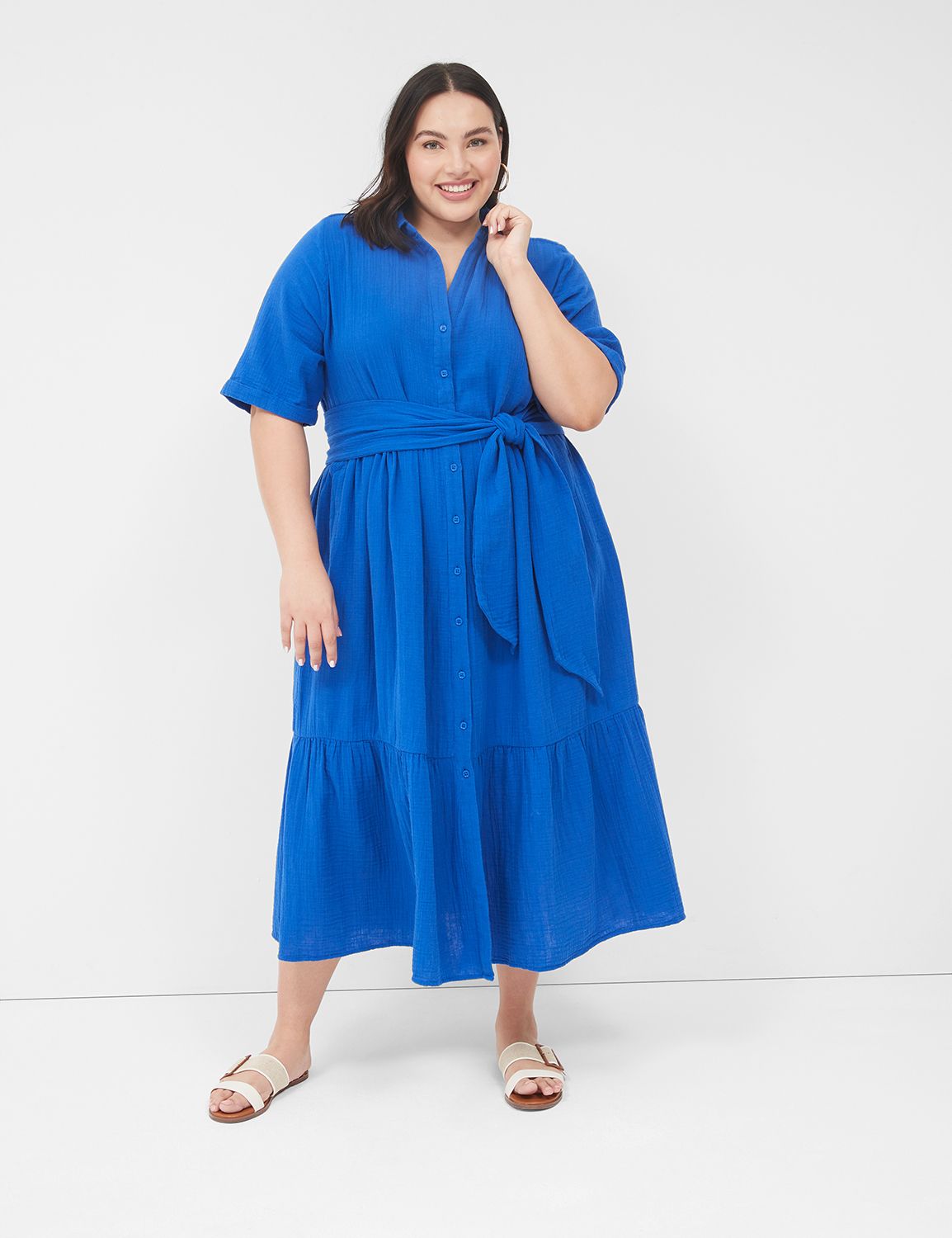 Gauze Collared Belted Midi Dress
