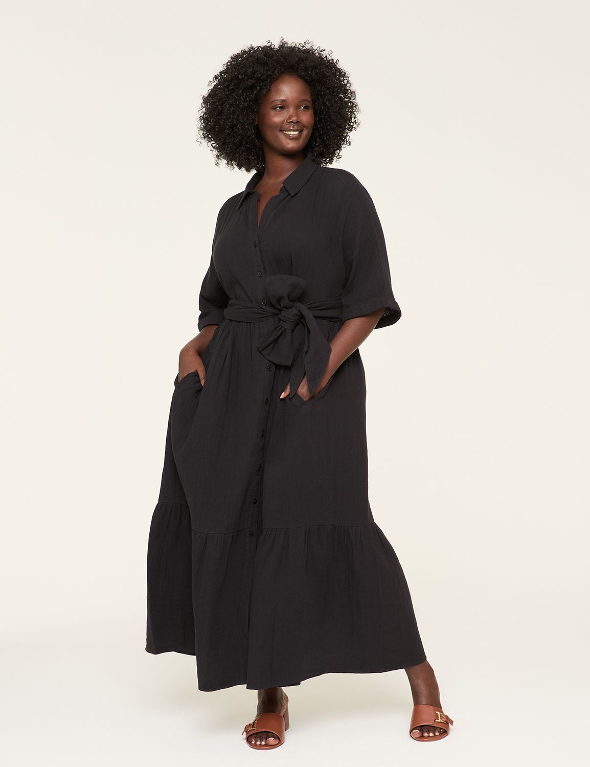 SS COLLARED SPLIT NK TIE WAIST MAXI Product Image 1
