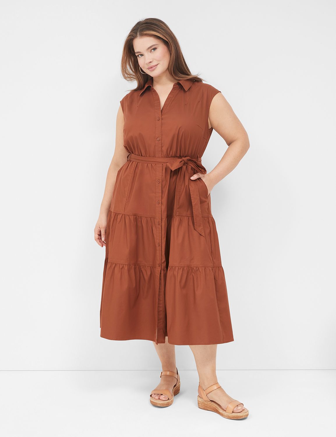 Tuck-Shoulder Tiered Midi Shirt Dress
